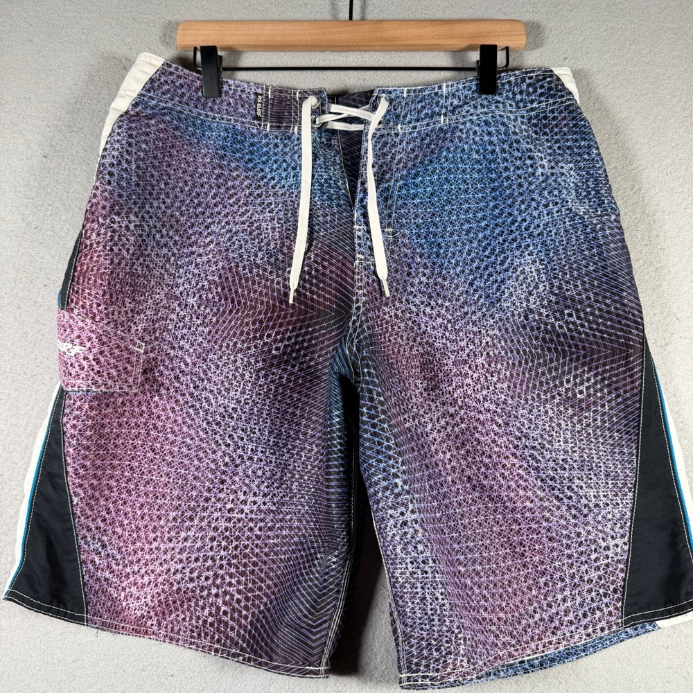 RS Surf Mens Board Shorts Purple Blue Honeycomb Print Size 34 Cargo Pocket Swim